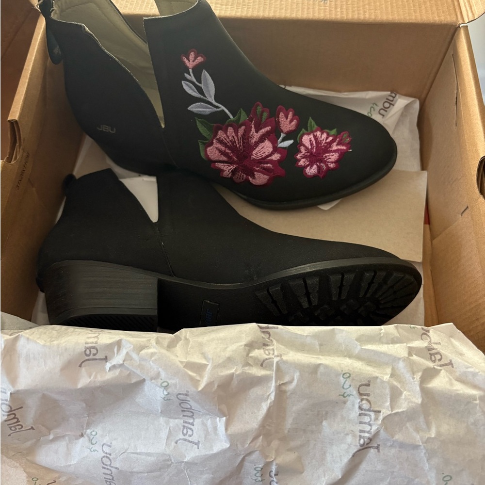JBU Black Ankle Boots with Pink Floral Embroidery
